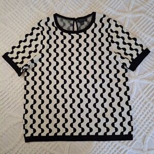 Ann Taylor Womens XL Black White Scallop Wave Jacquard Short Sleeve Sweater Top